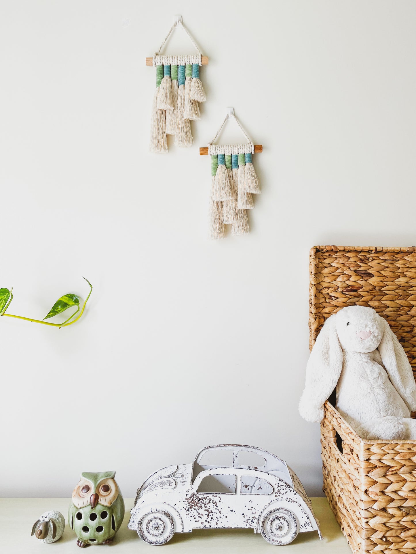 Ocean Breeze Mini tassels wall hangings styled in a kids room showcasing how to use them as kids room decor. 