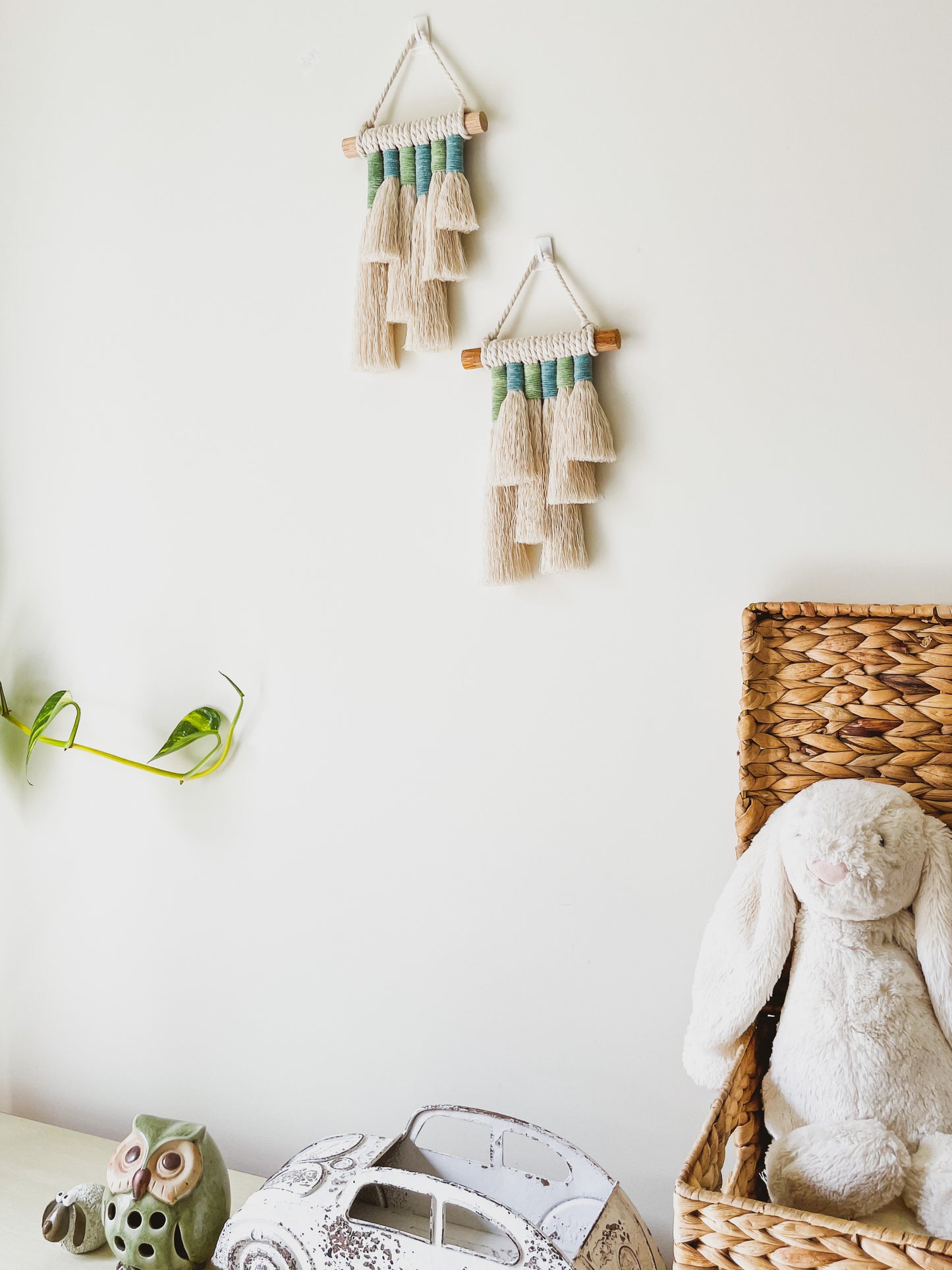 Ocean Breeze Mini tassels wall hangings styled in a kids room showcasing how to use them as kids room decor. 